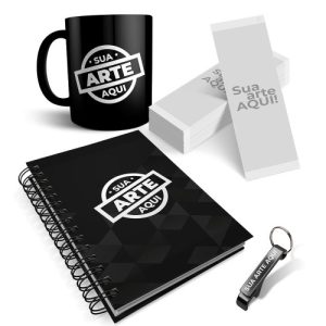 Kit Boas-Vindas Caderno, Chaveiro, Marca-Páginas e Caneca