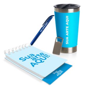 Kit Boas-Vindas Bloco com Base, Caneta e Copo Térmico