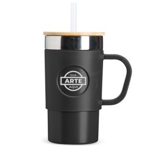 Caneca Térmica Inox 400ml Tampa de Bambu