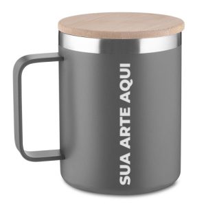 Caneca Térmica Inox 350ml Tampa de Bambu